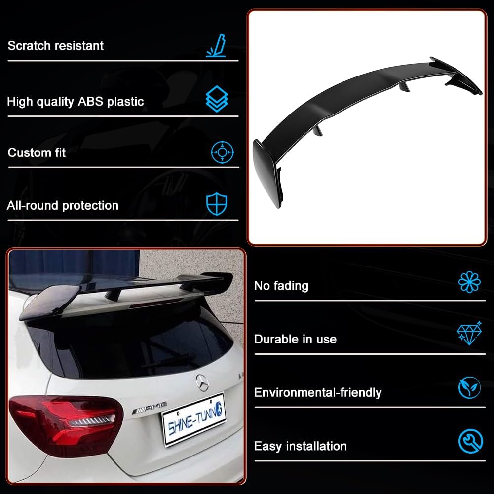 Car spoiler with features listed on a black background