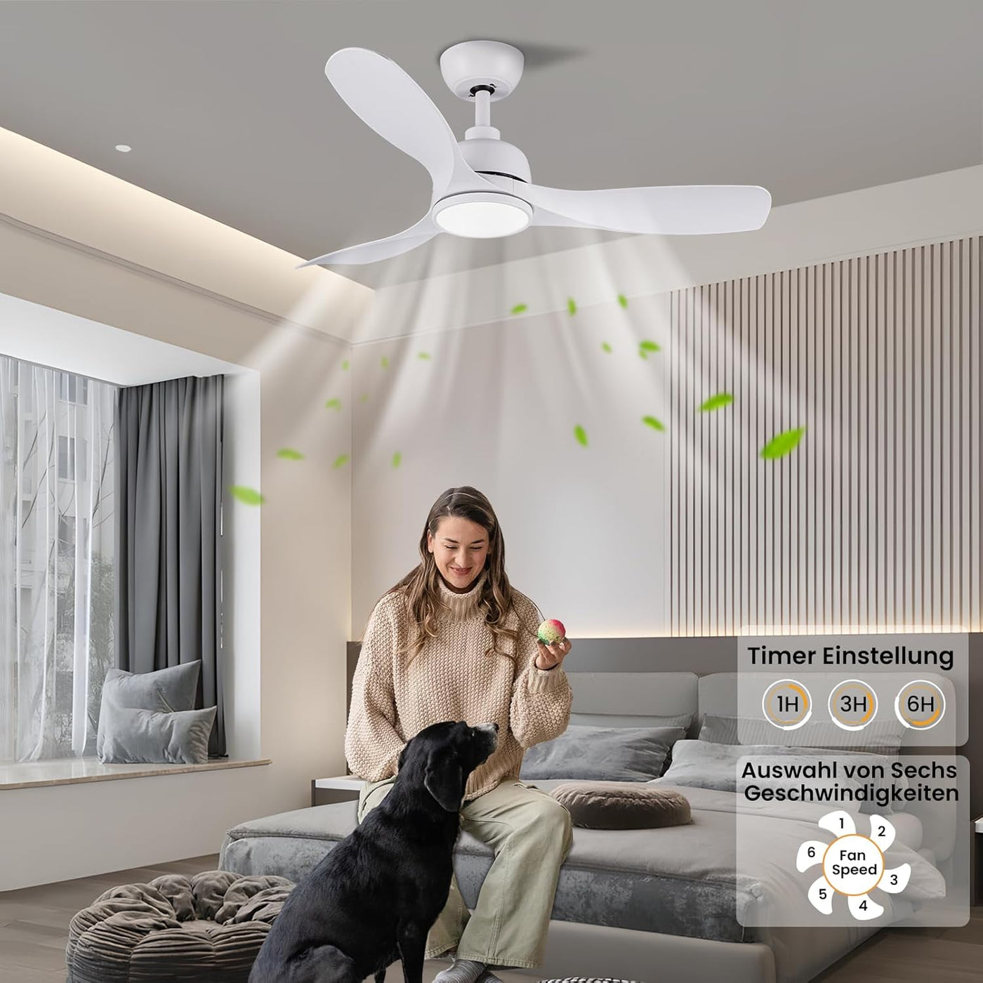 CJOY 42" White Ceiling Fan with Light & Remote, 3 Blades, Quiet DC Motor, Timer