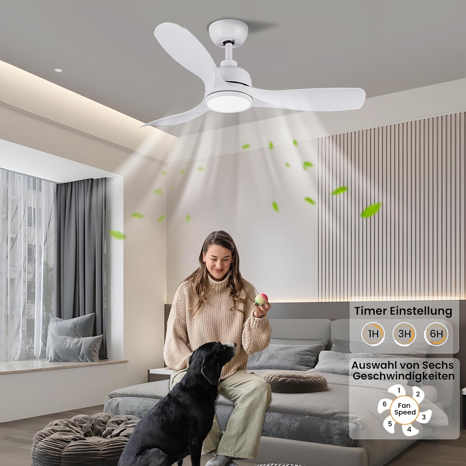 CJOY 42" White Ceiling Fan with Light & Remote, 3 Blades, Quiet DC Motor, Timer