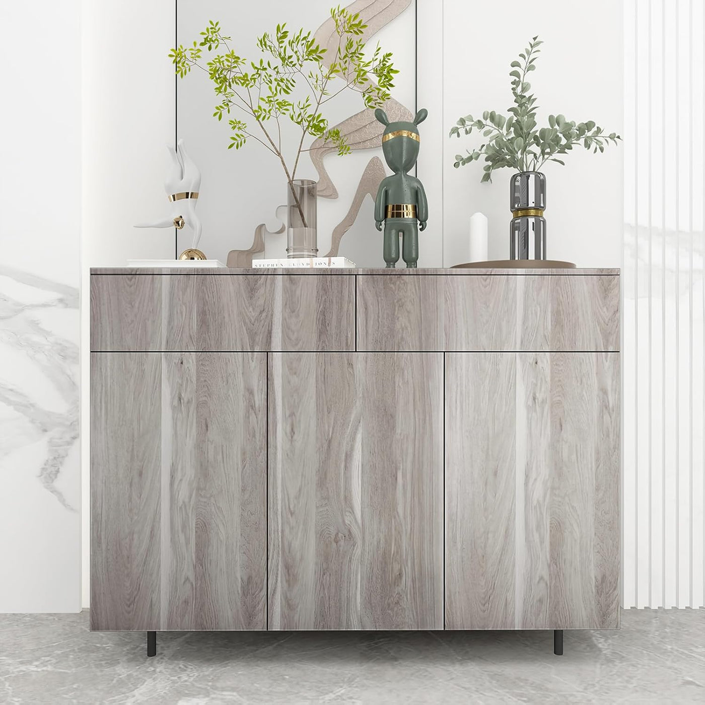 Wooden cabinet with decorative items on a light background
