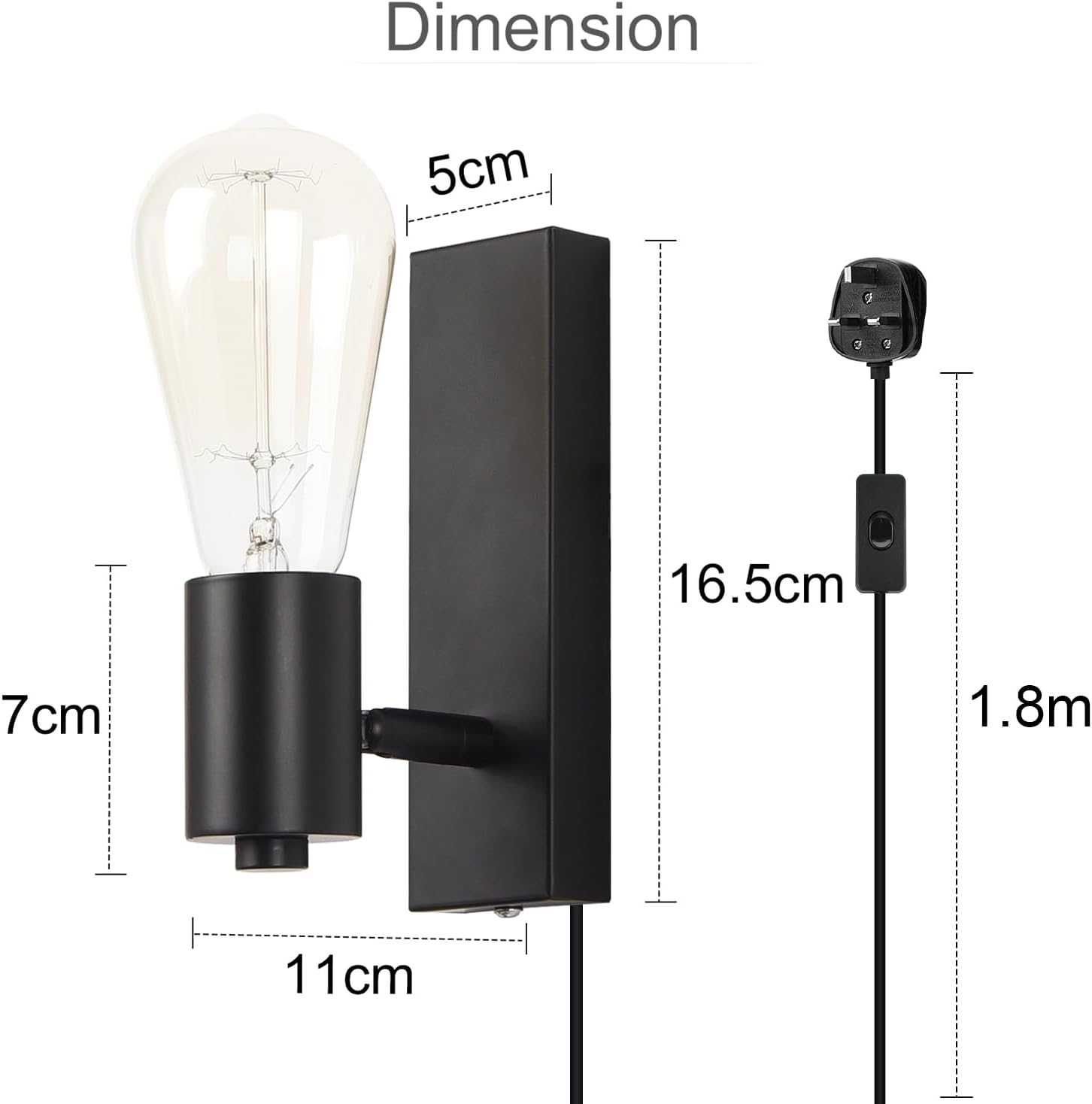 Black wall-mounted light fixture with dimensions labeled on a white background