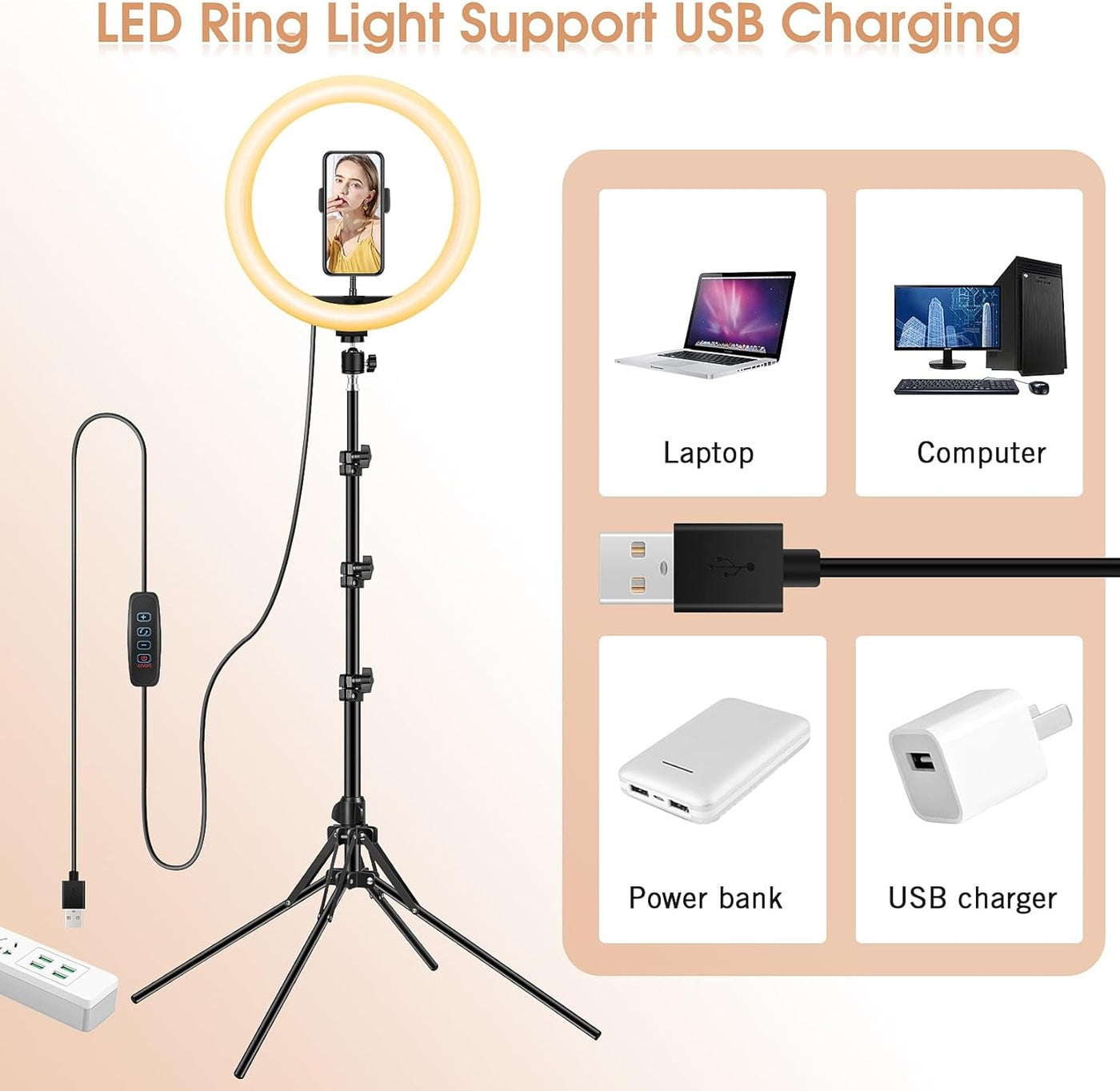 LIPETY 13'' Selfie Ring Light with Tripod, Phone Holder, 3-Color Dimmable LED