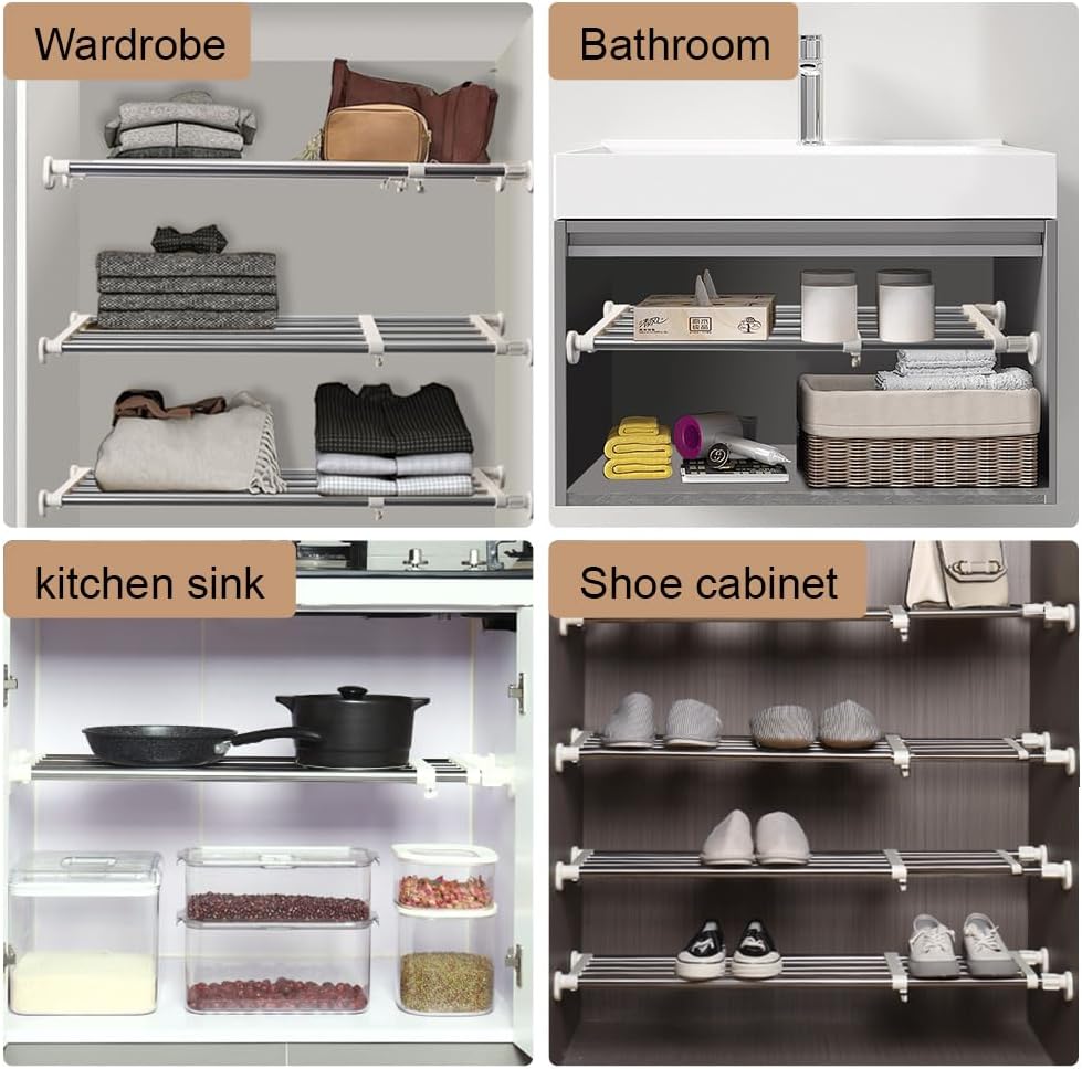 Four different storage solutions labeled 'Wardrobe', 'Bathroom', 'Kitchen sink', and 'Shoe cabinet'.