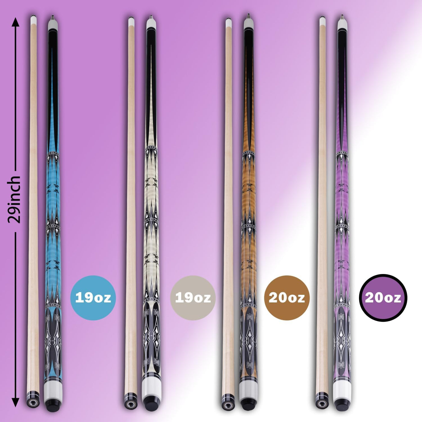 Set of pool cues with weight labels on a purple background