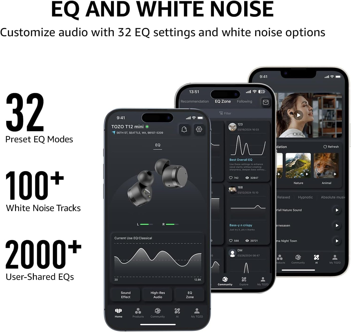 Smartphones displaying audio equalization and white noise features with text on a white background