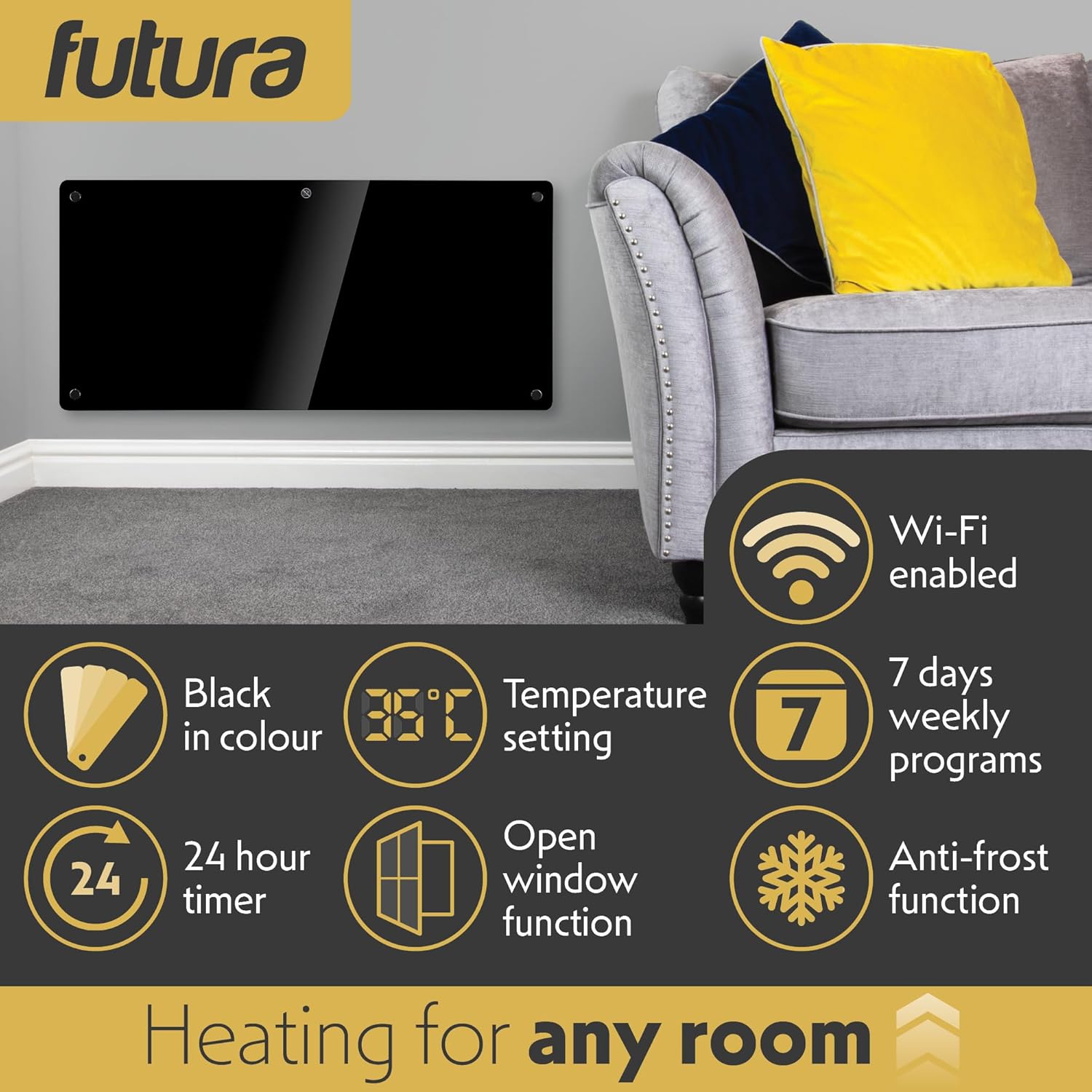 Heating panel with futura branding and features listed, placed on a wall next to a sofa.