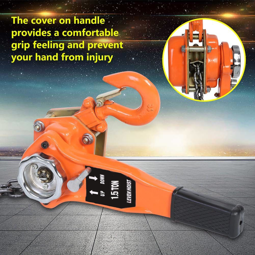 Orange lever hoist with handle cover on a blurred background