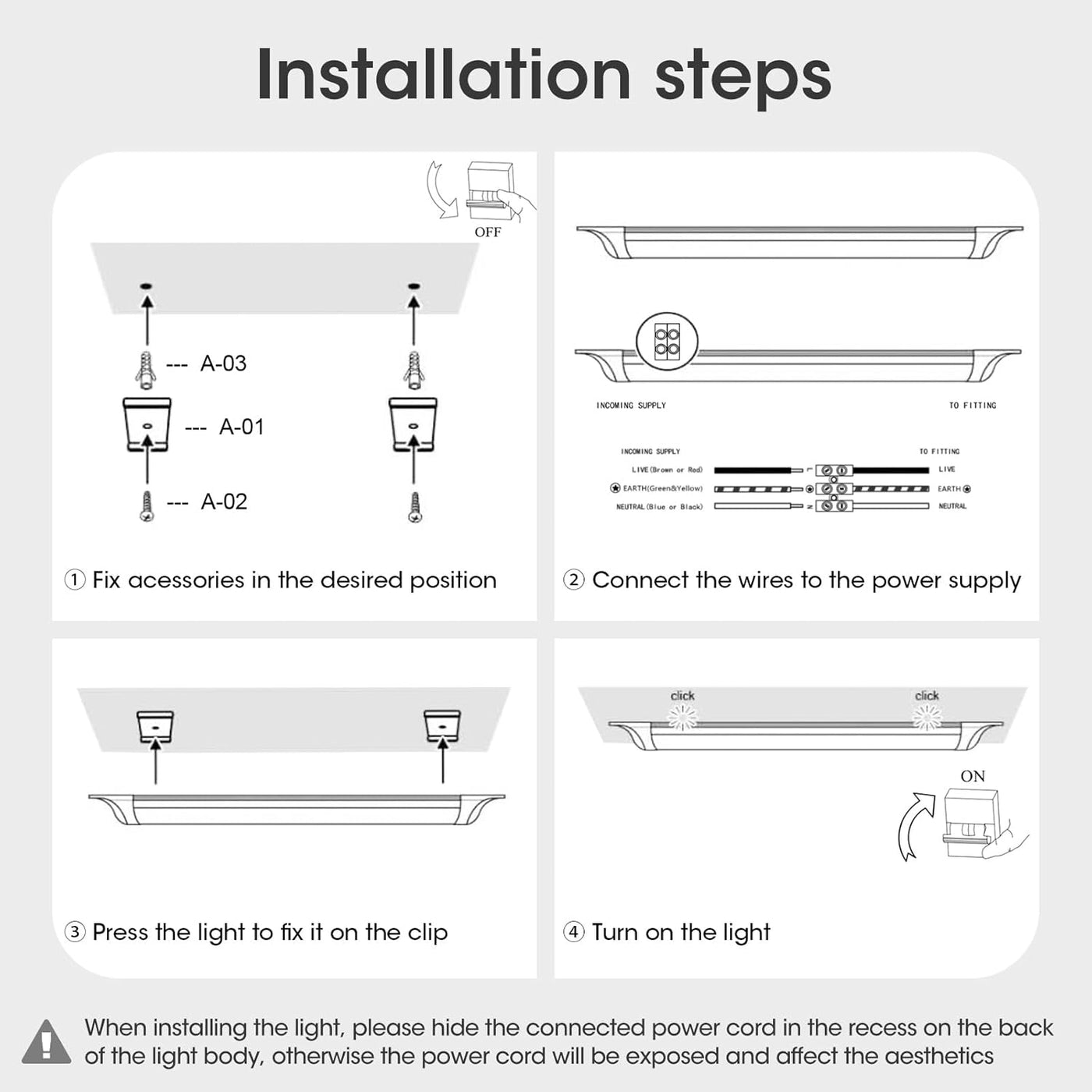 Step-by-step installation guide for a light fixture on a white background