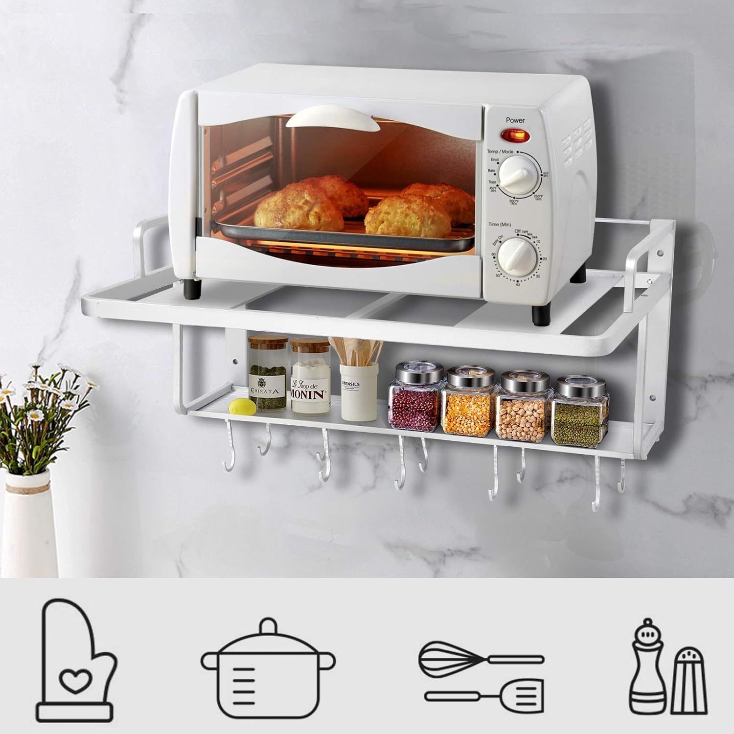 Wall Mounted Microwave Rack – 2-Tier Aluminum Shelf with Guard Rail 21.6in