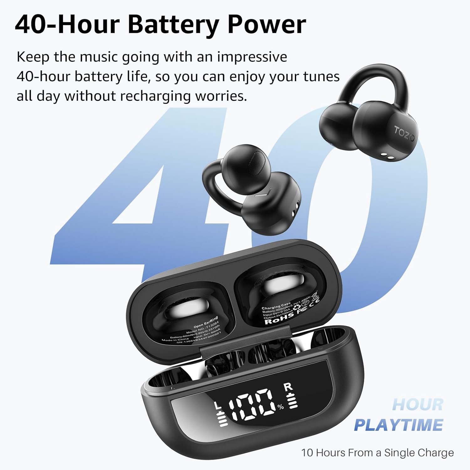 Open Ear Headphones Clip On Wireless Earbuds 40H Playtime Bluetooth TOZO