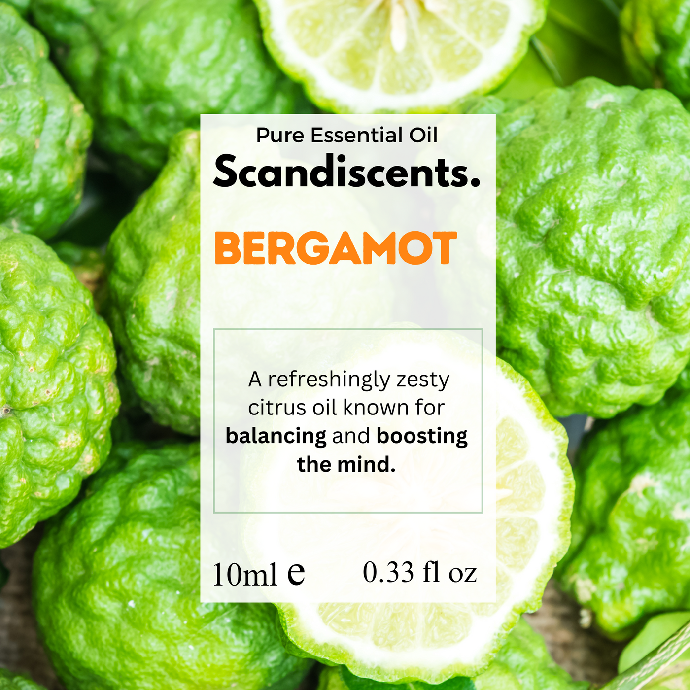 Bergamot essential oil packaging with bergamot fruit in the background