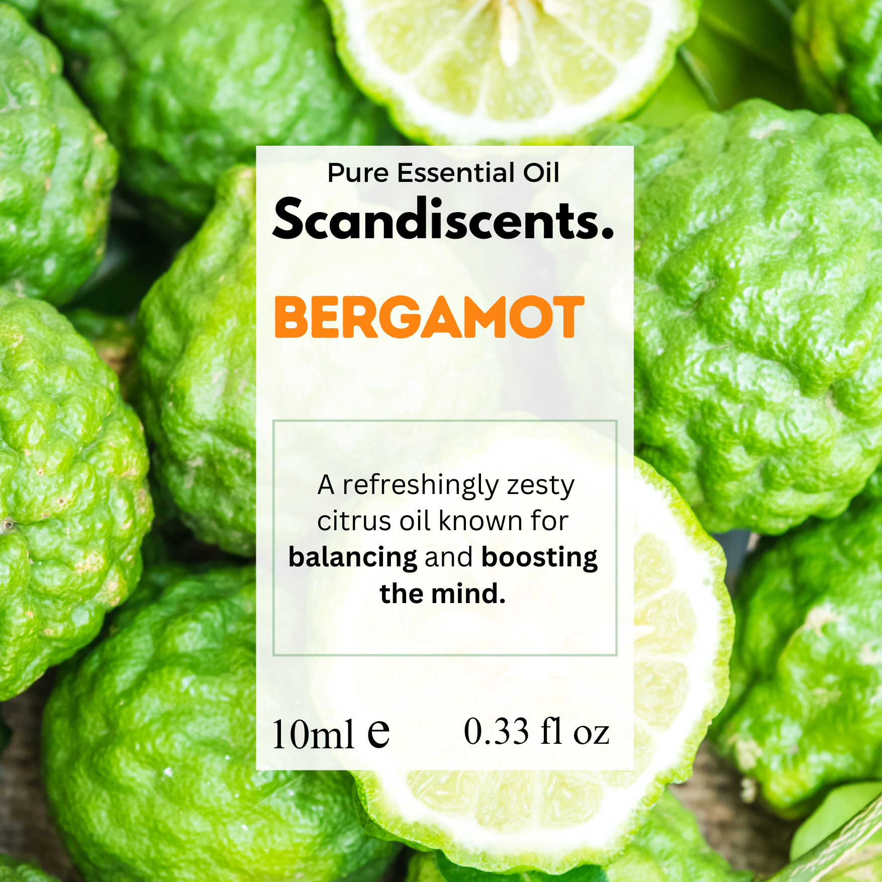 Bergamot essential oil packaging with bergamot fruit in the background