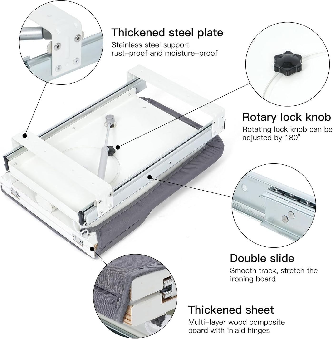 Detailed view of an ironing board with labeled features on a white background
