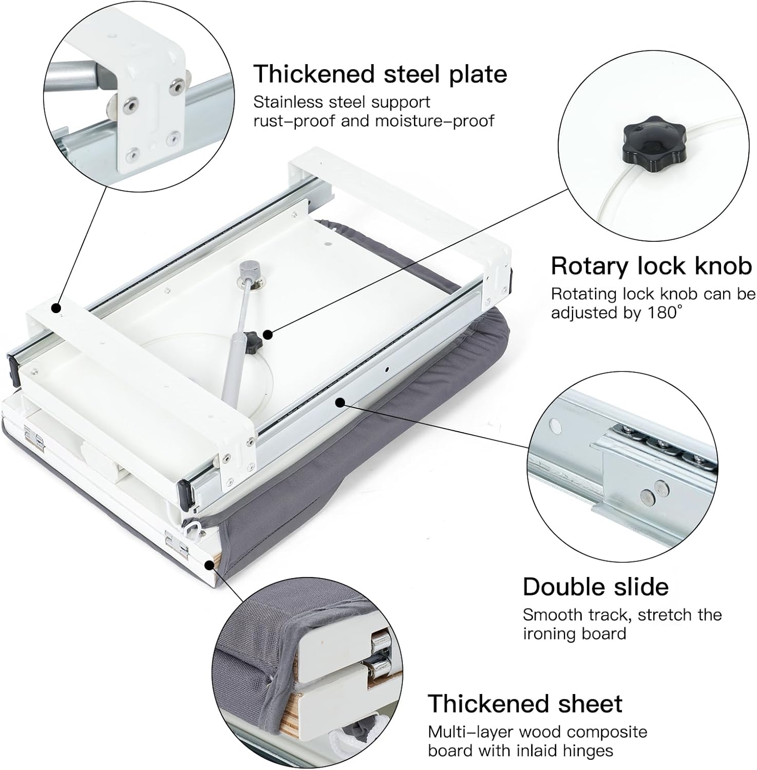 Detailed view of an ironing board with labeled features on a white background