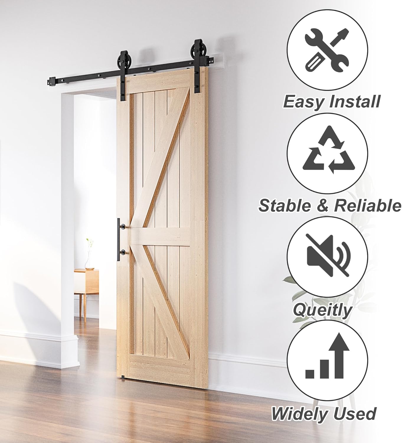 Wooden sliding barn door with hardware on a white wall, featuring icons and text about installation ease, stability, noise reduction, and widespread use.