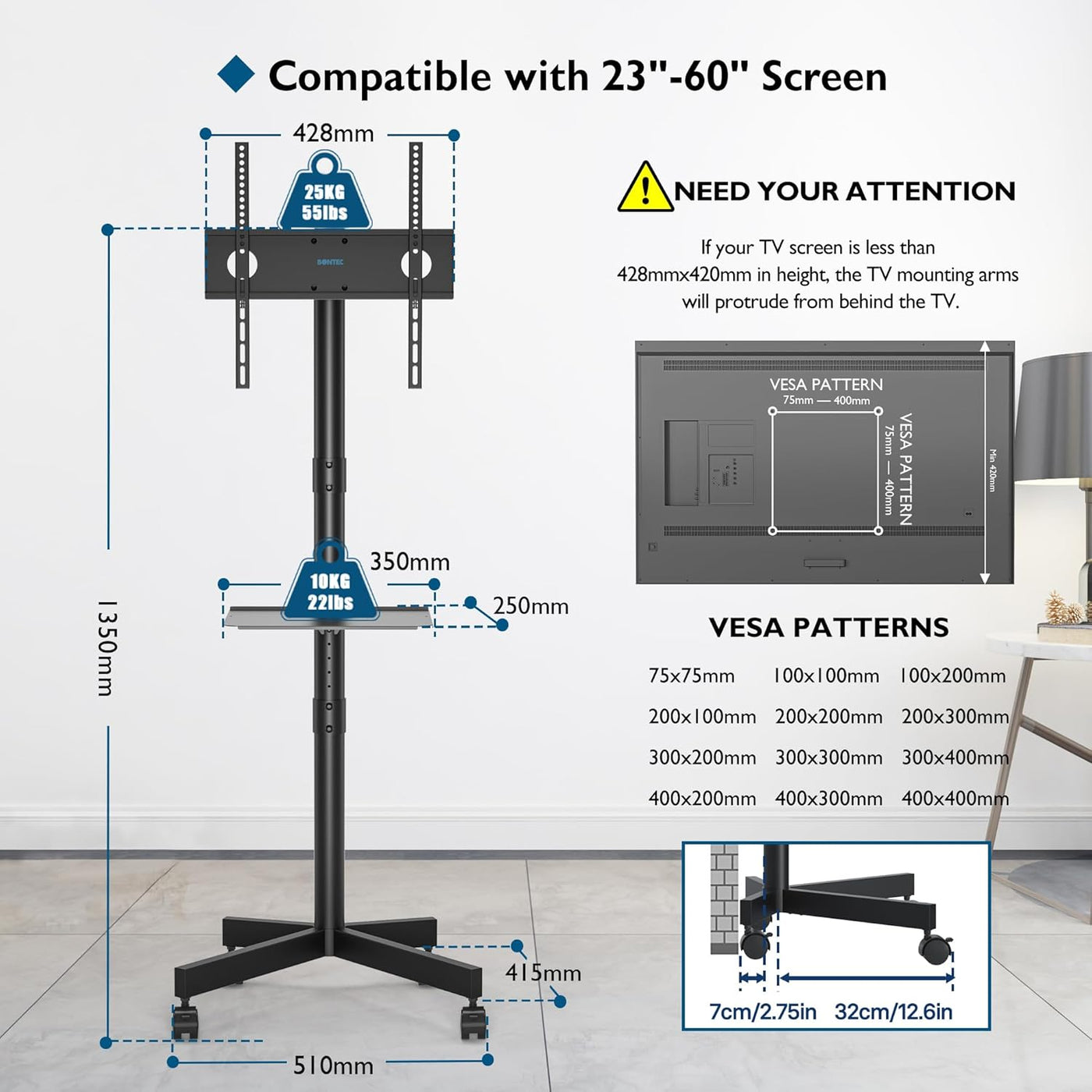 TV stand with dimensions and compatibility details for screens 23"-60".