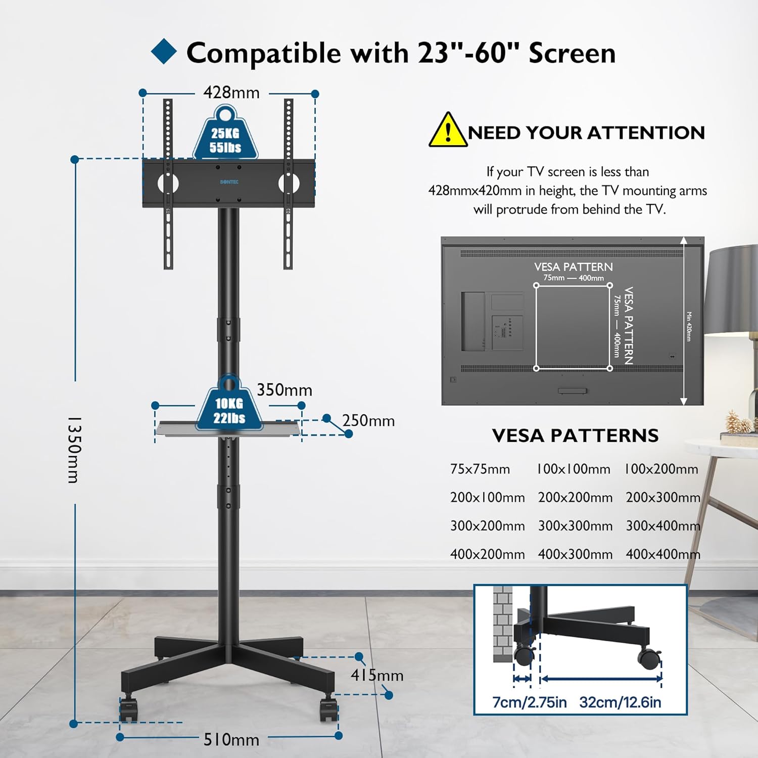 TV stand with dimensions and compatibility details for screens 23"-60".