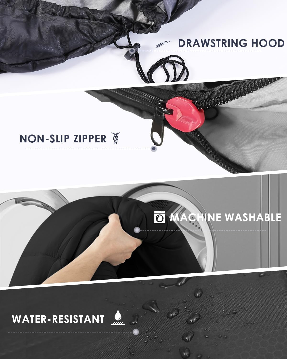 Product features including drawstring hood, non-slip zipper, machine washable, and water-resistant properties.