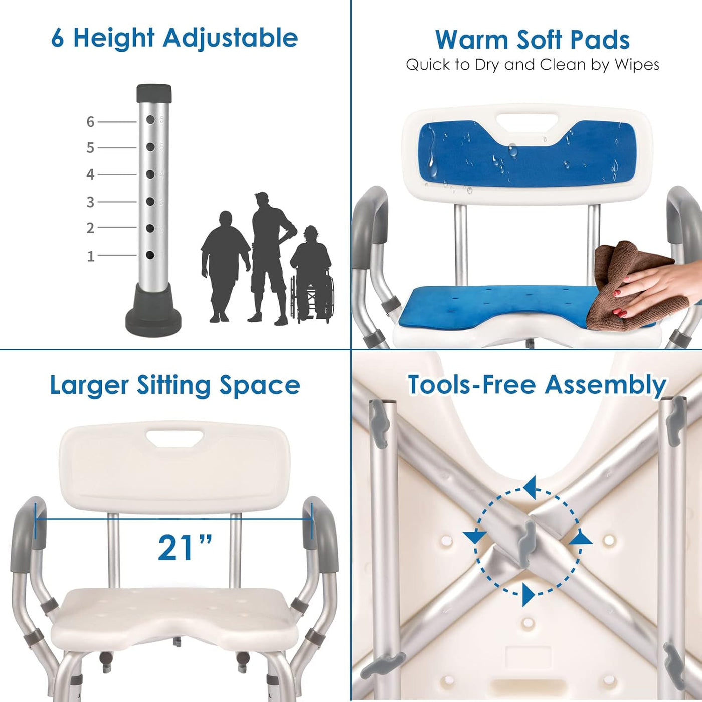 Heavy Duty Shower Chair 330lbs - With Arms, Back, Cutout Seat, Cold-Proof Pads