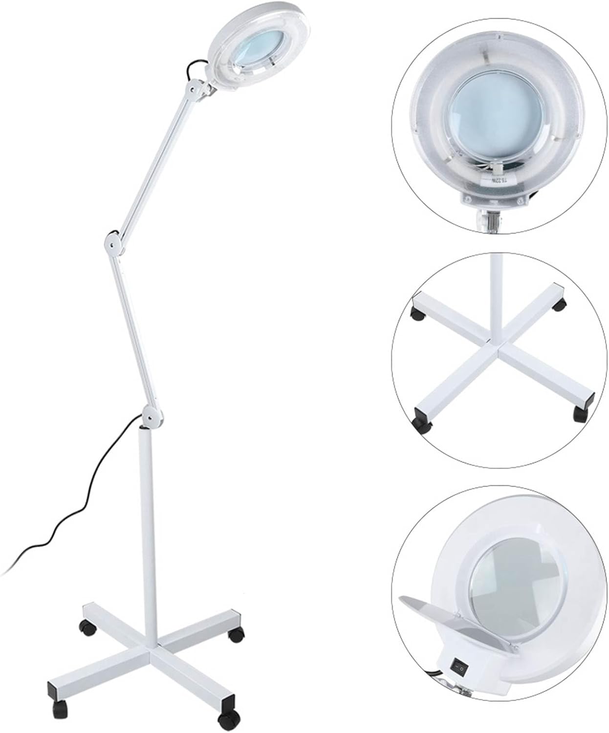 Standing magnifying lamp with adjustable arm on a white background
