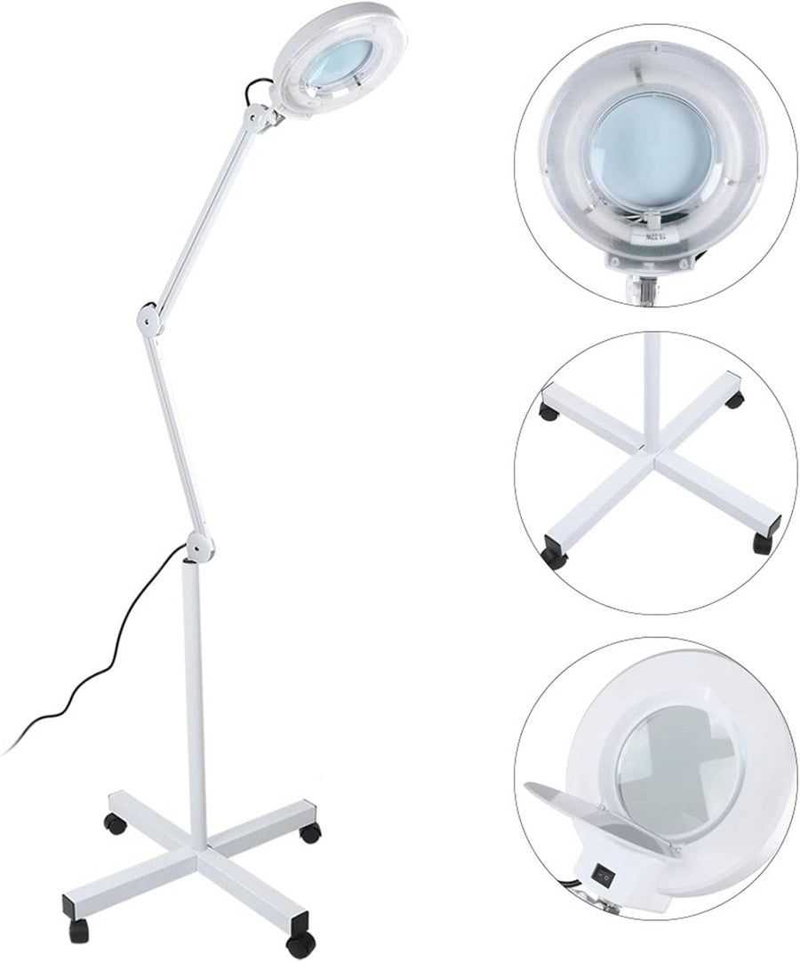 Standing magnifying lamp with adjustable arm on a white background
