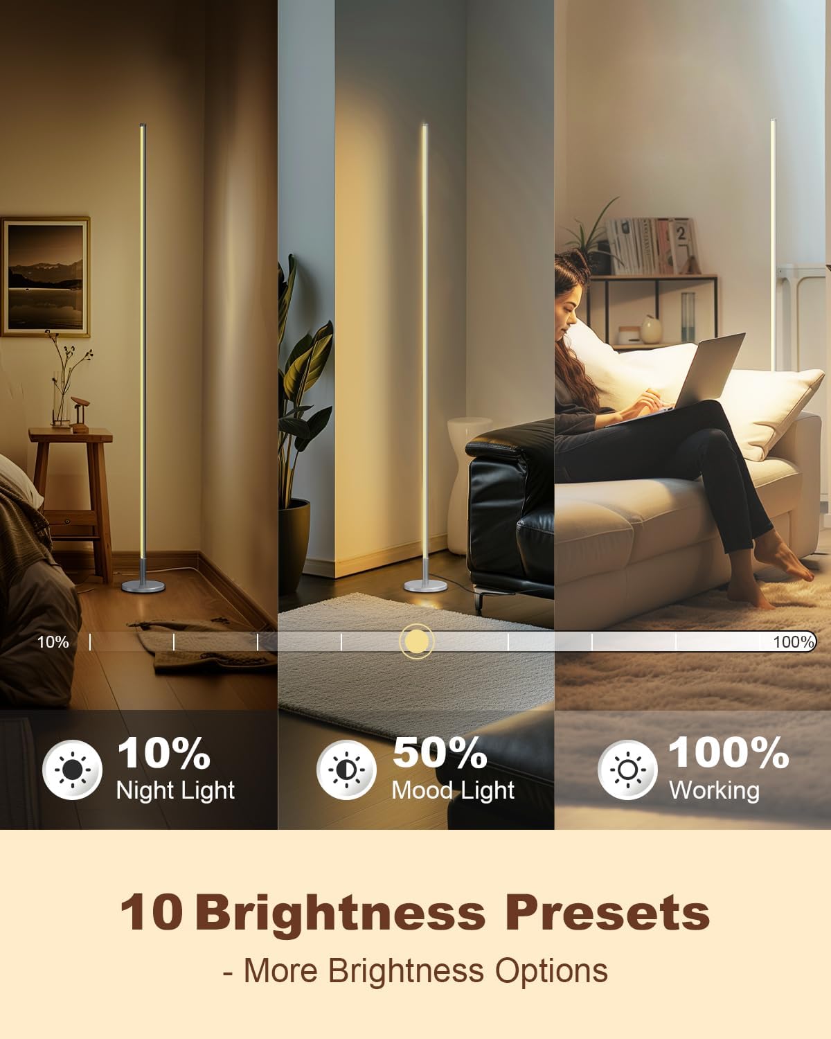 Smart floor lamp with 10 brightness presets displayed in a living room setting.