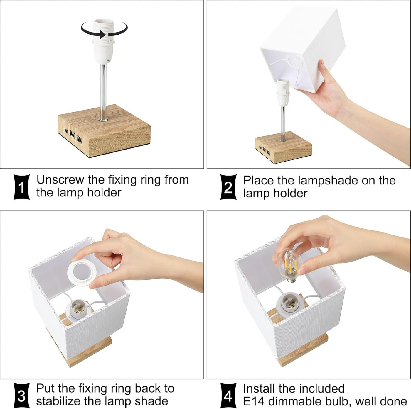 Step-by-step assembly instructions for a lamp with wooden base and white shade.
