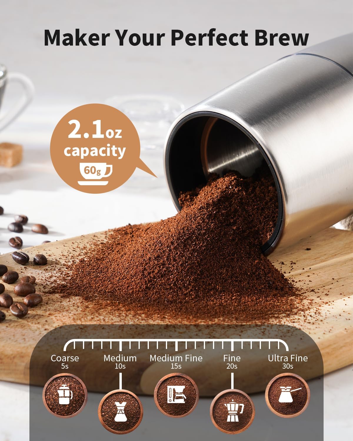 Coffee grinder with coffee beans and ground coffee on a wooden surface, showing capacity and grind size options.