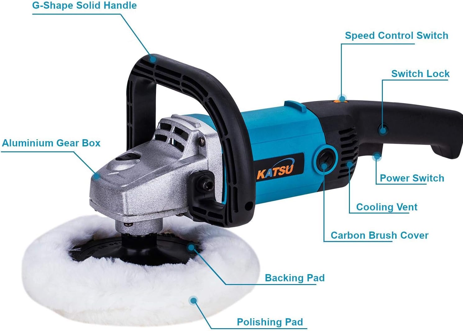 Katsu car polisher with labeled parts on a white background