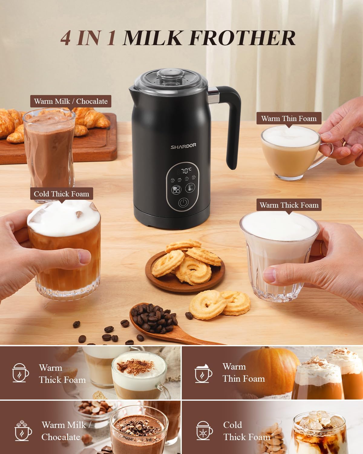 Milk Frother Electric 4 in 1 Steamer Warmer with 4 Temp Settings SHARDOR