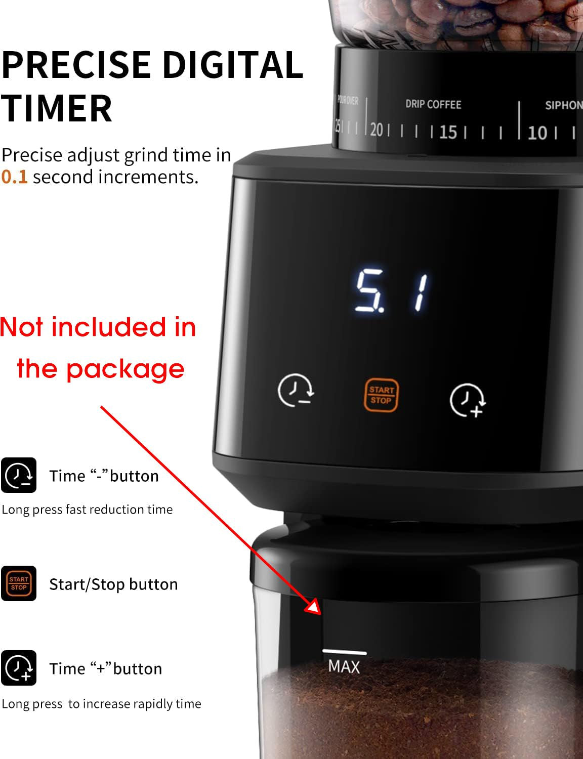 Digital coffee grinder with digital timer and control buttons on a white background