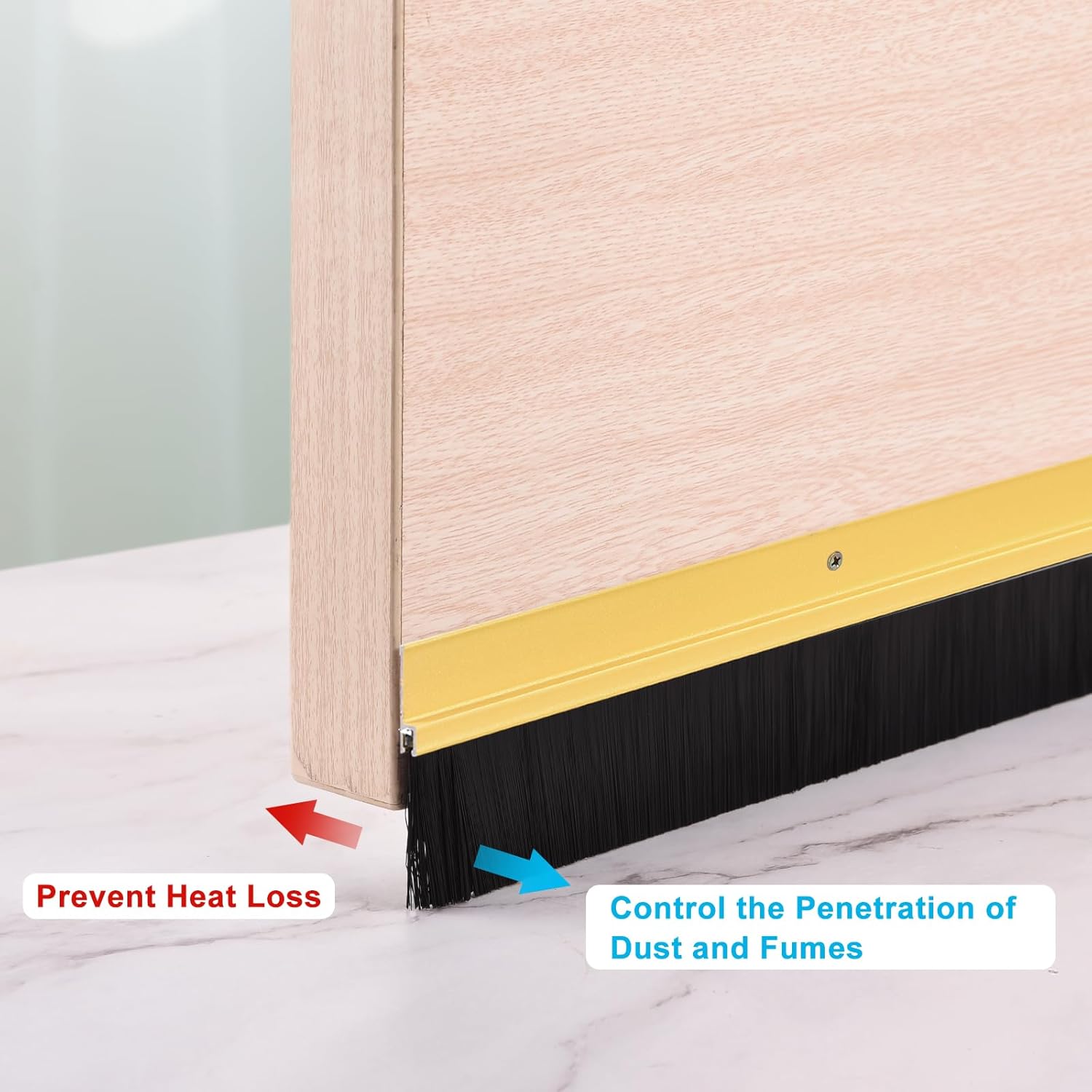 Door sealing strip with text indicating its functions on a door frame.
