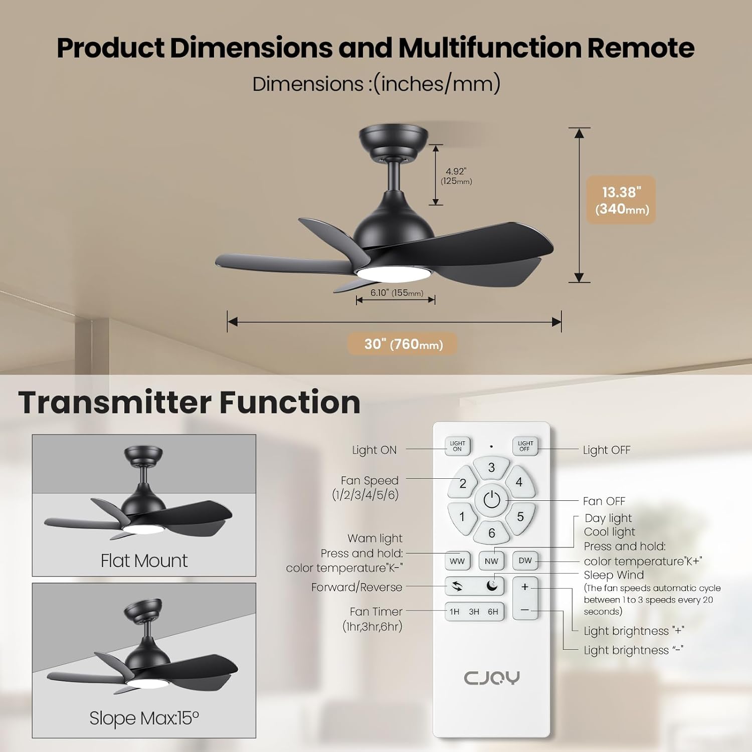 CJOY 30" White Ceiling Fan with Light, Quiet DC Motor, 5 Blades, 6 Speeds, Black