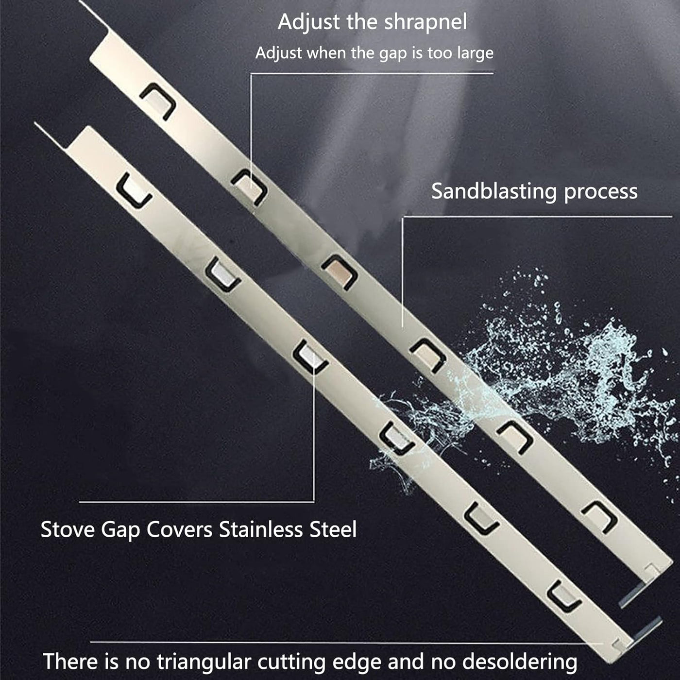Stainless steel stove gap covers with sandblasting process and water splash illustration on a dark background.