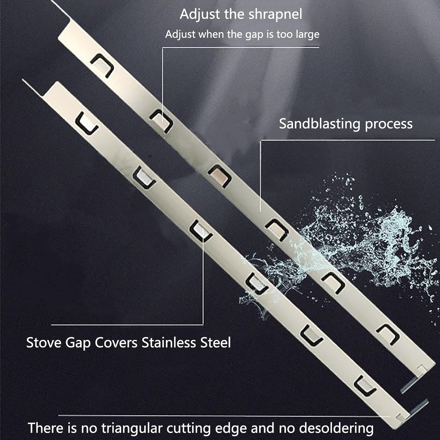Stainless steel stove gap covers with sandblasting process and water splash illustration on a dark background.