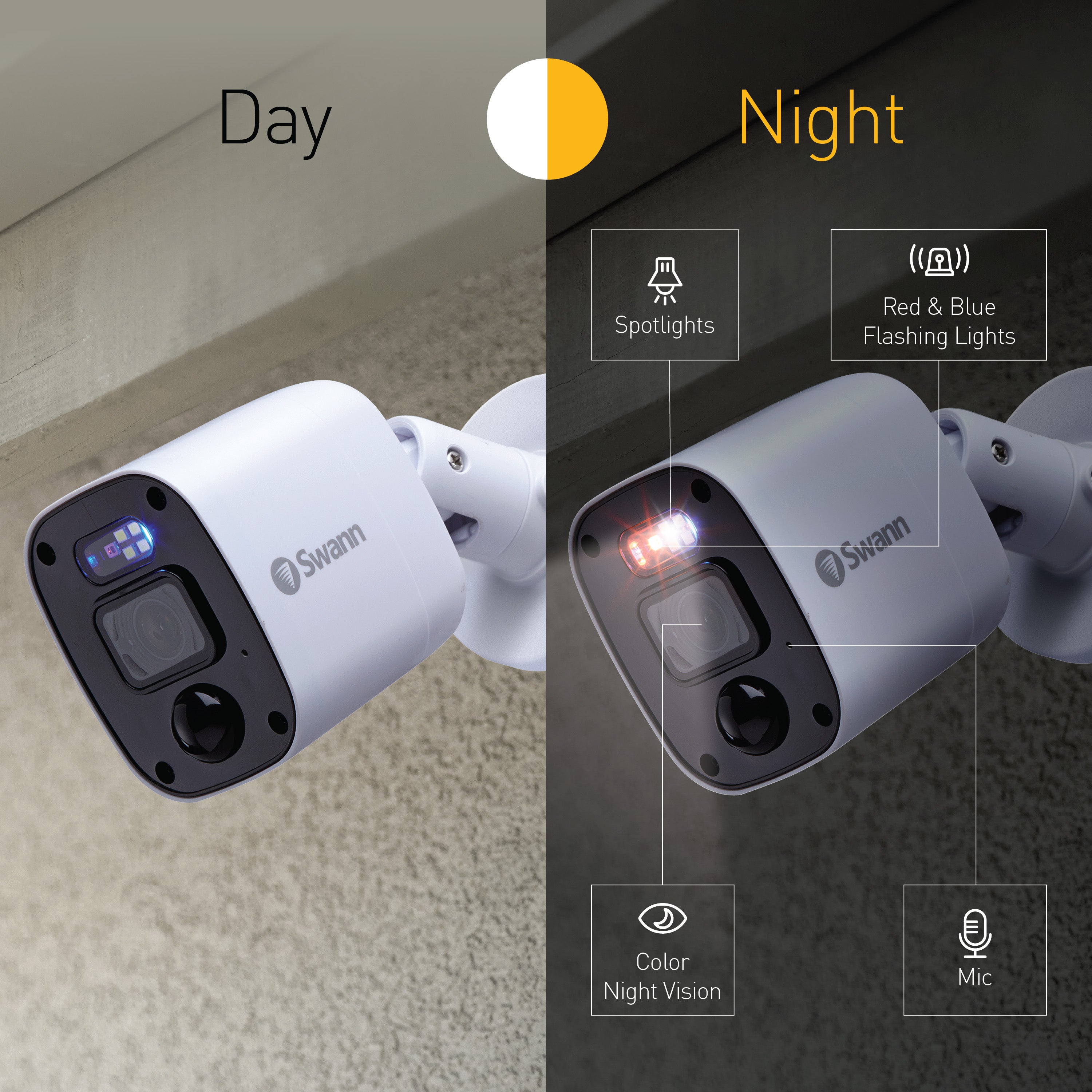 Swan security camera showing day and night functionality with visible features.