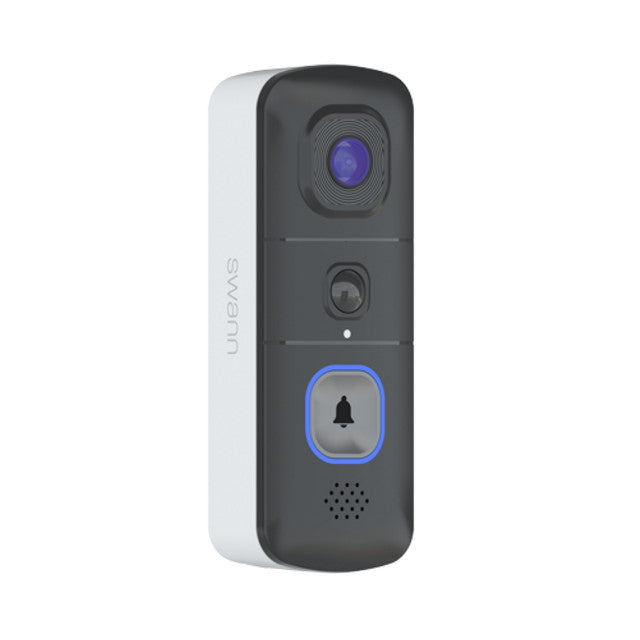 A Swann digital video doorbell with a black front face, white side panel, and blue accent ring around the bell button, shown against a plain white background.