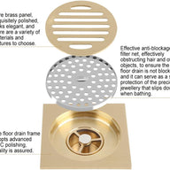 4x4 Inch Brass Square Anti-Odor Floor Drain, Hair Catcher for Shower - Massive Discounts