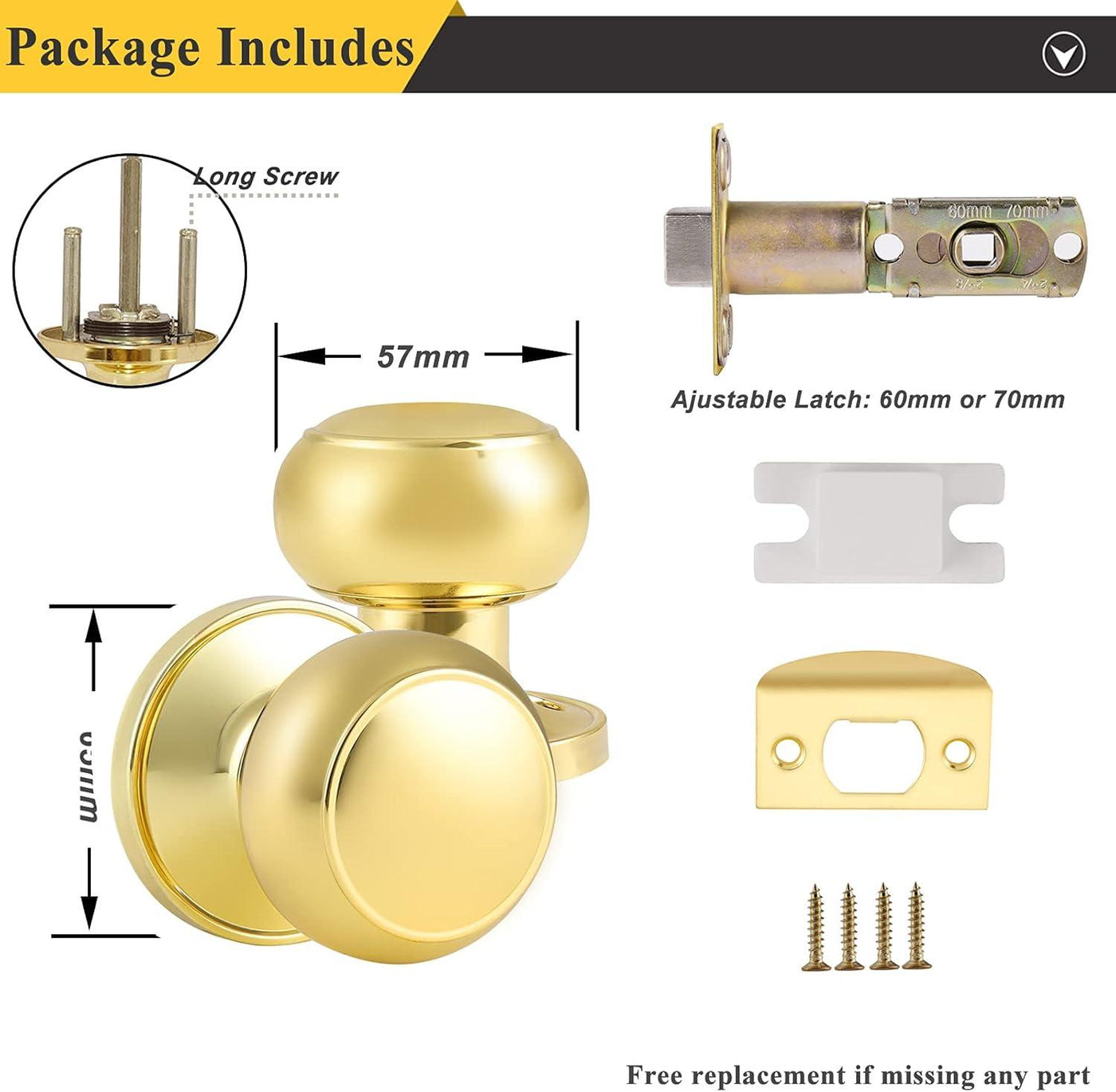 Probrico 4 Pack Polished Brass Passage Door Knobs - Gold Round