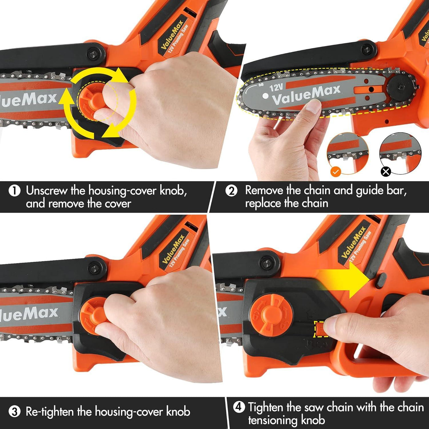 ValueMax Mini Chainsaw 4in Cordless, 12V, 3 Batteries, Quick Charger