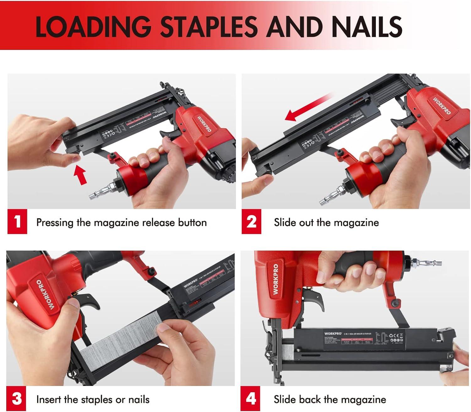 WORKPRO 2-in-1 Air Brad Nailer & Stapler, 50mm, 400 Nails & 300 Staples