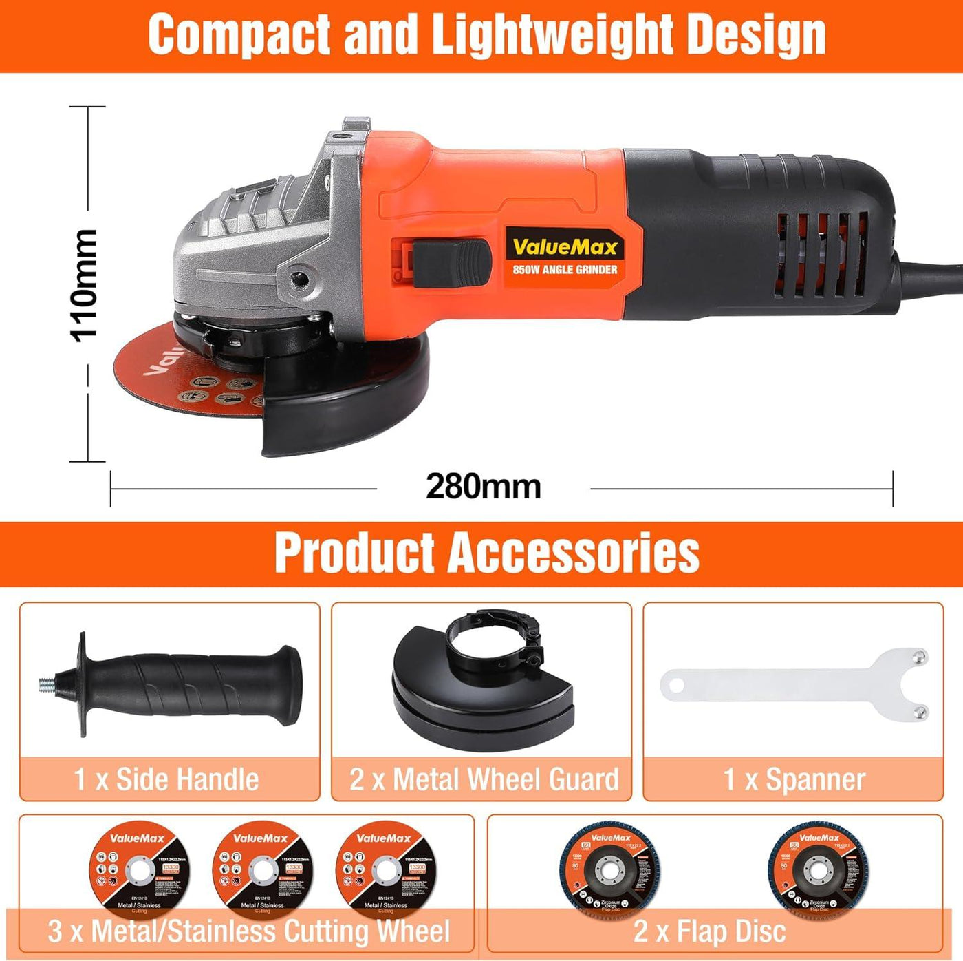 ValueMax 850W Angle Grinder, 115mm, 12000 RPM, 3-Position Handle, 4 Discs Included