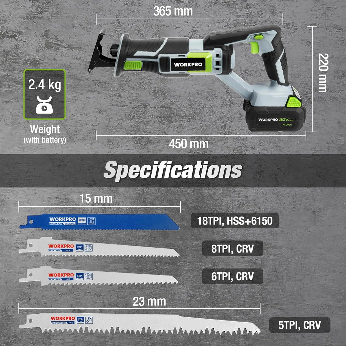 WORKPRO 20V Cordless Reciprocating Saw, 4.0Ah Battery, 25mm Stroke, 4 Blades