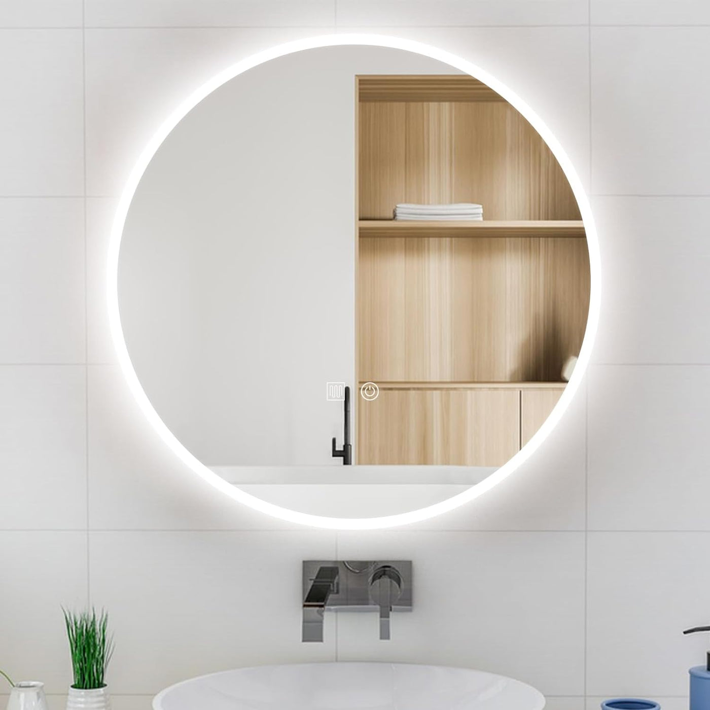 YOSHOOT 60cm Round LED Bathroom Mirror, 3-Color Dimmable, Anti-Fog, IP44