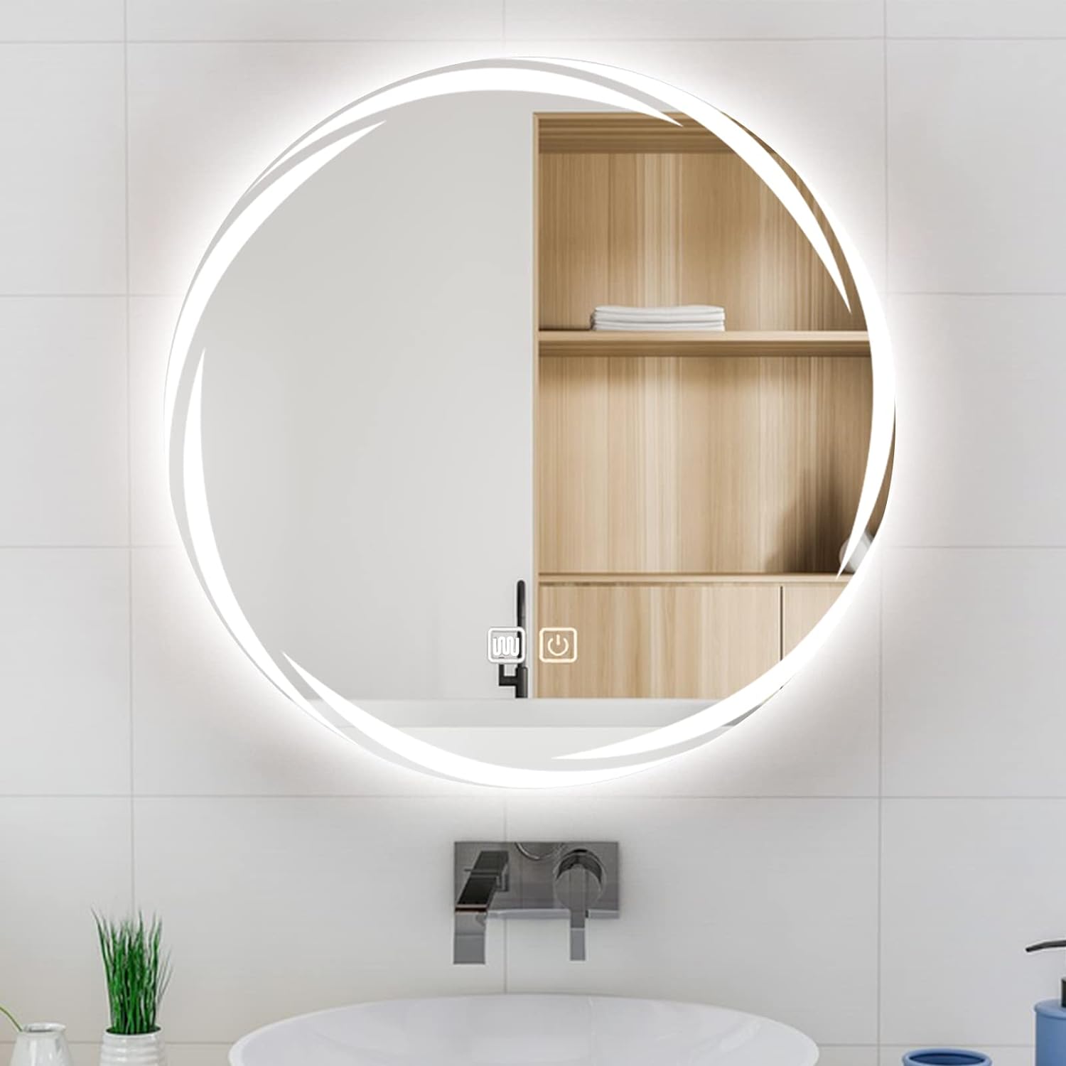 YOSHOOT 50cm Round LED Bathroom Mirror, Wall-Mounted, 3-Color Dimmable Anti-Fog