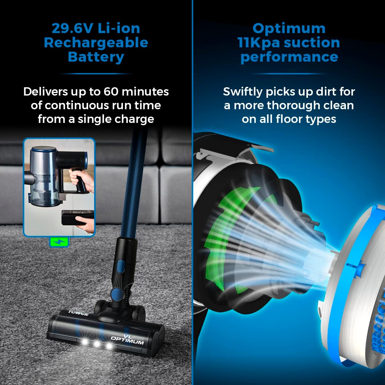 Tower VL100 Optimum Cordless 3-in-1 Vacuum Cleaner, HEPA Filter, 11Kpa, 1L 29.6V