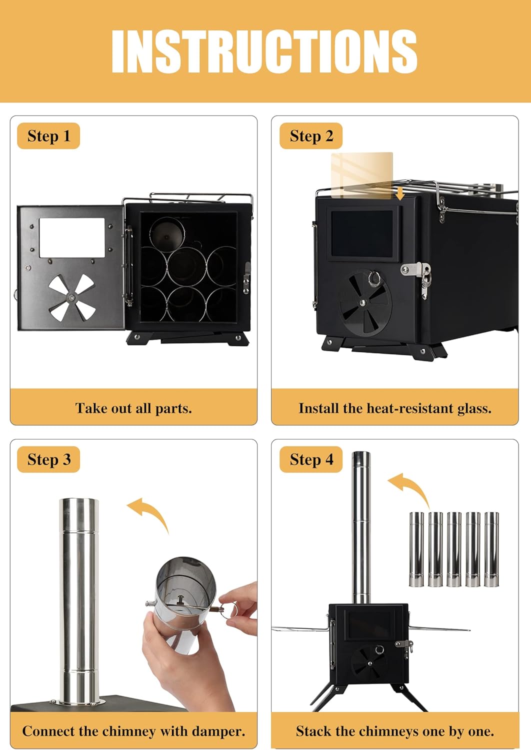 SOPPY Portable Tent Stove - Alloy Steel Wood Burning with Foldable Chimney