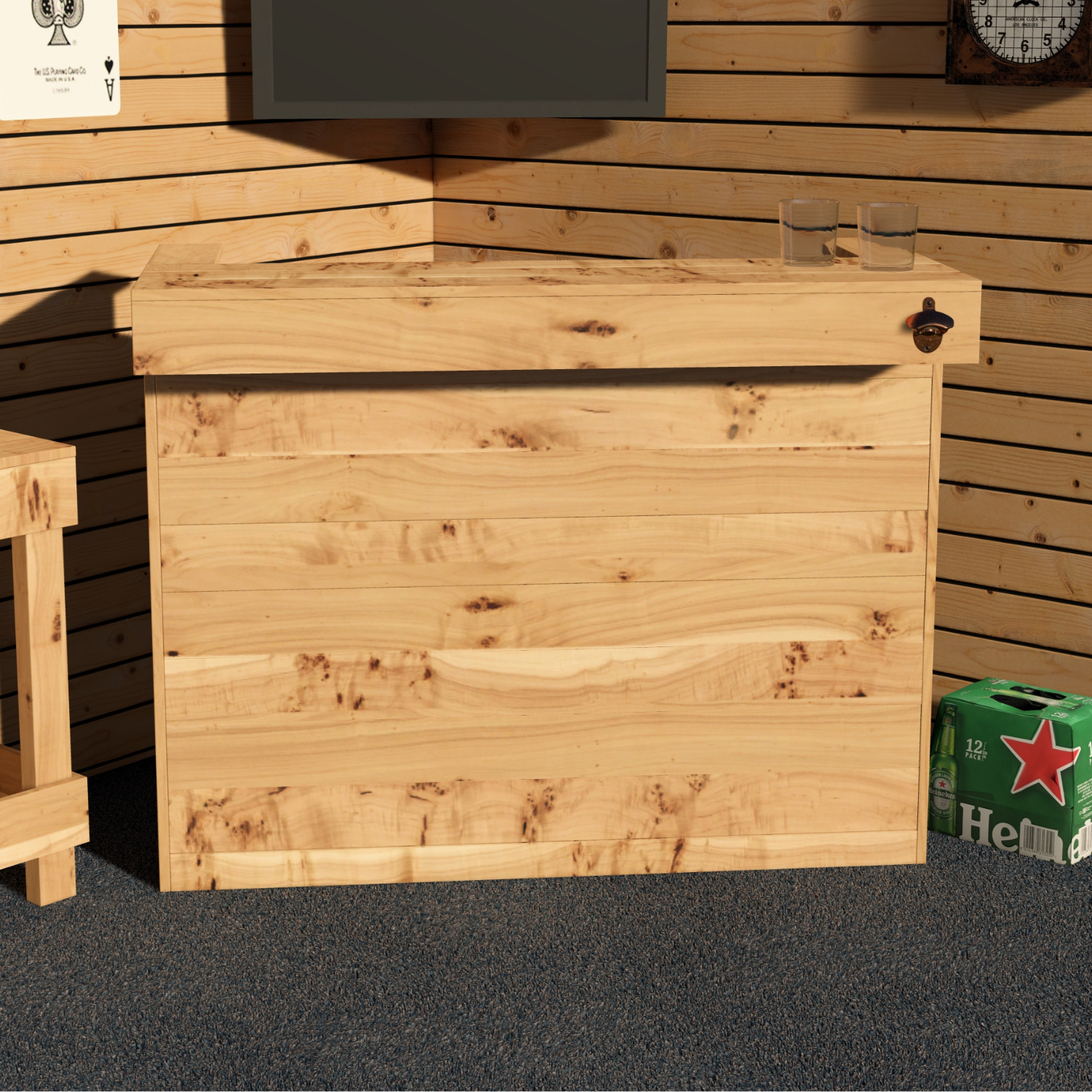 Wooden cooler box with a bottle opener on top, placed against a wooden wall.