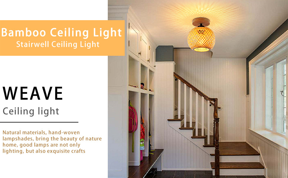 Bamboo Ceiling Light Boho Rattan Semi Flush Mount Farmhouse Fixture Mini Size