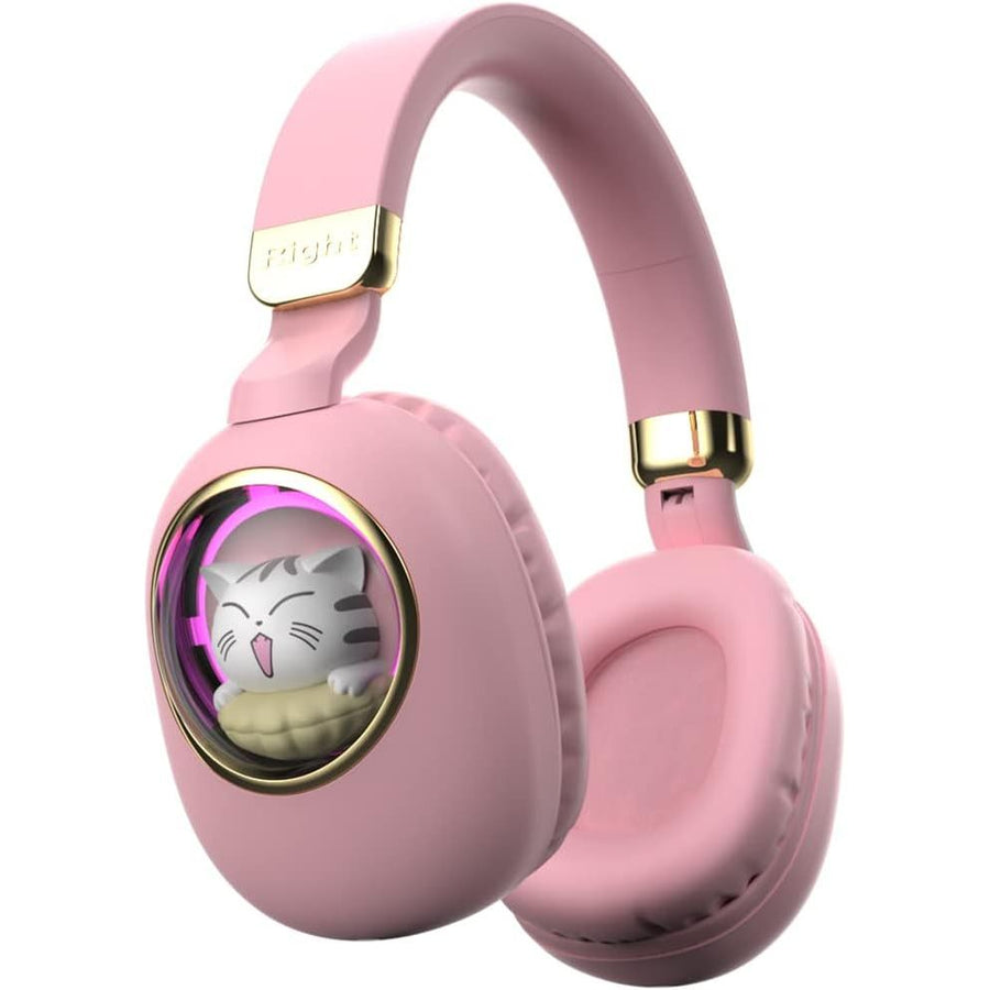 Pink headphones with a cat design on the ear cup on a white background